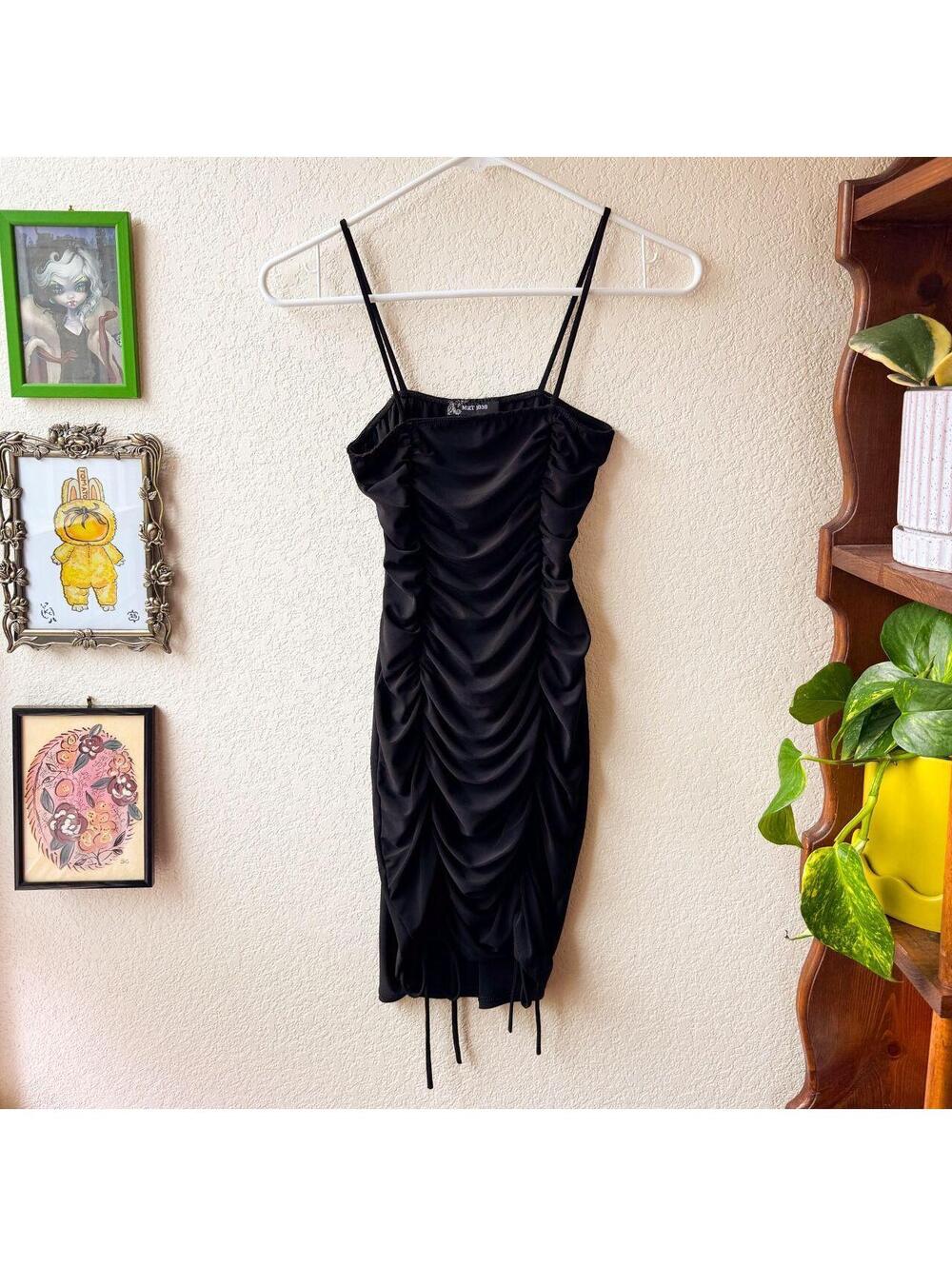 Vintage Women's 90s Y2K Black Ruched Whimsygoth Grunge Goth Mini Dress